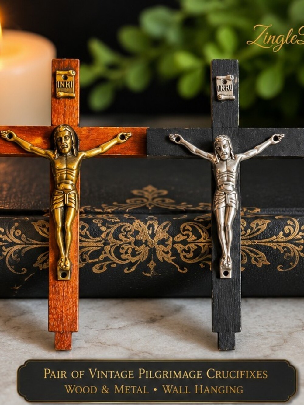 Pair Vintage Wooden Wall Crucifixes Catholic Christian INRI Crosses Mid-Century